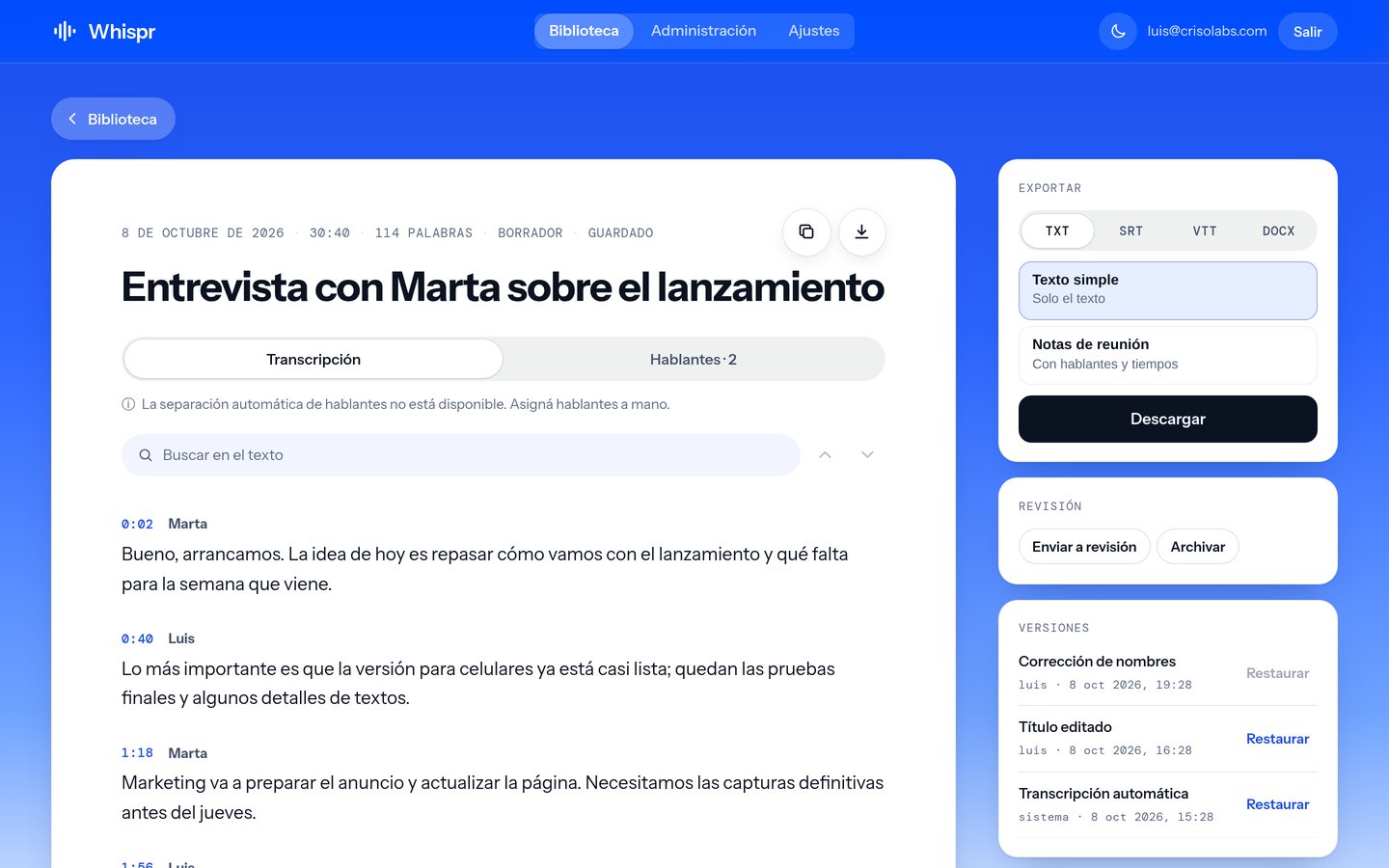 Whispr: editor de transcripción
